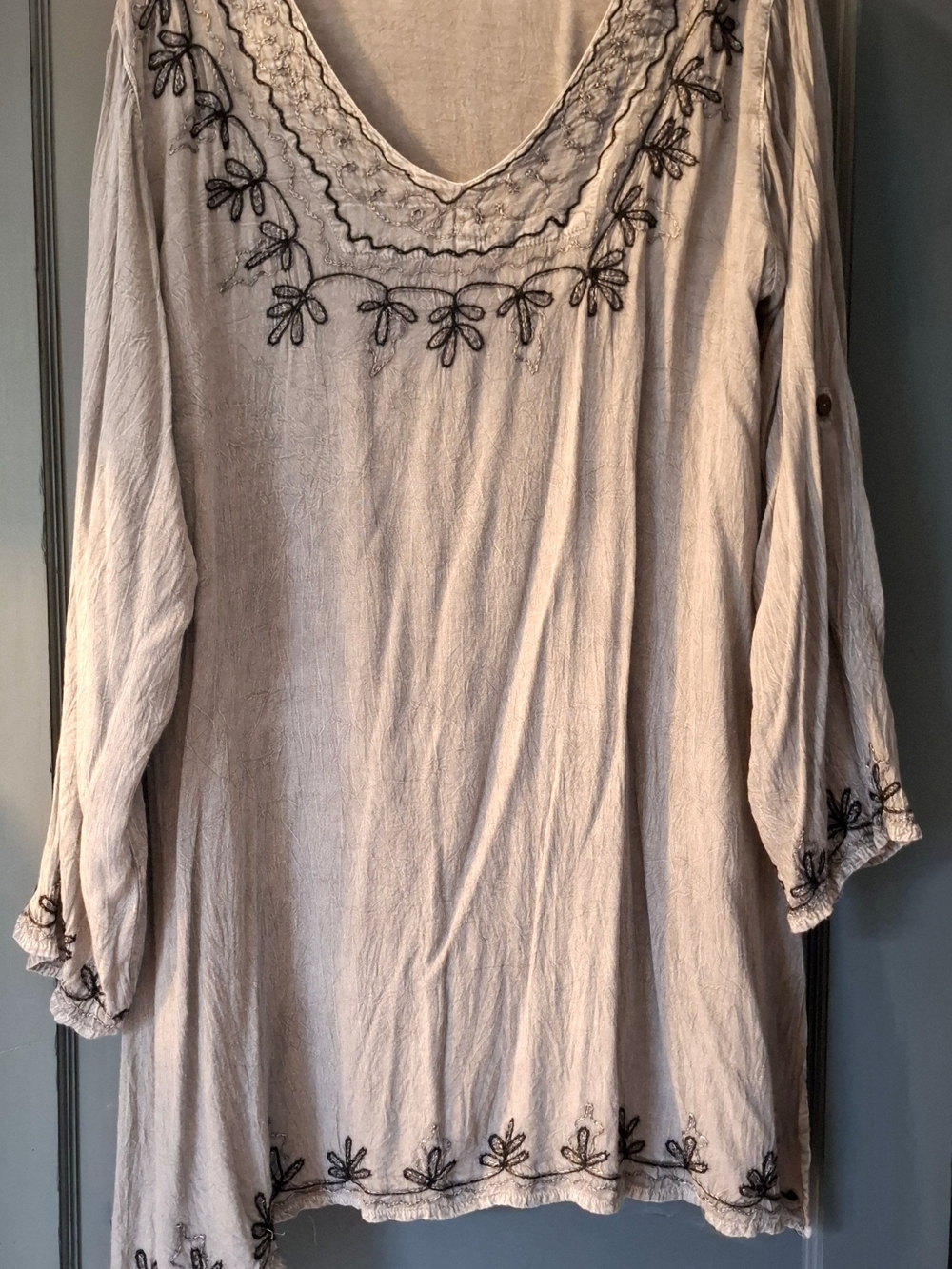 Embroidered V-Neck Women's Tunic Top in Light Beige